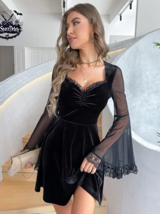 Velvet Mini Dress Sweetheart Neckline Lace Trim Bell Sleeves High Waist - Picture 6 of 6